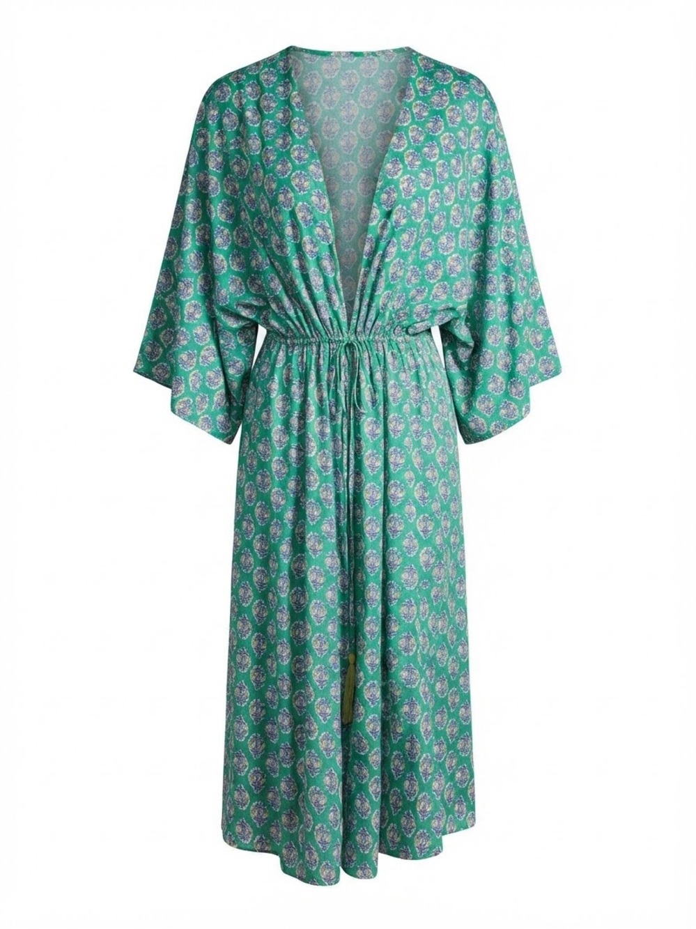 J.Crew Green Floral Print 100% Cotton Beach Coverup with Tassel Tie Waist XXS